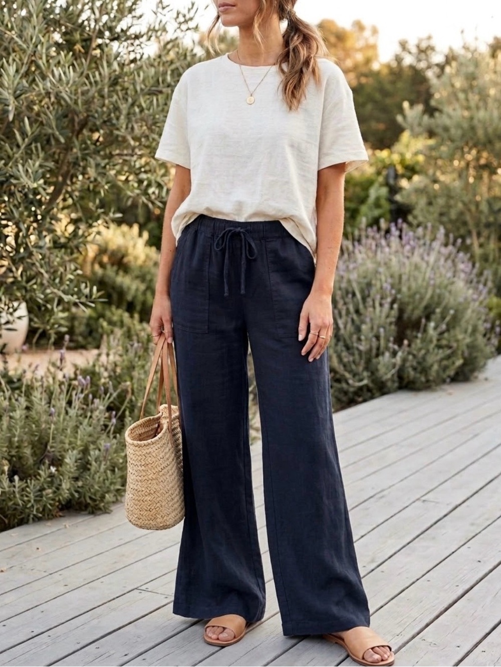 GAP Navy Wide-Leg Drawstring Linen Pants